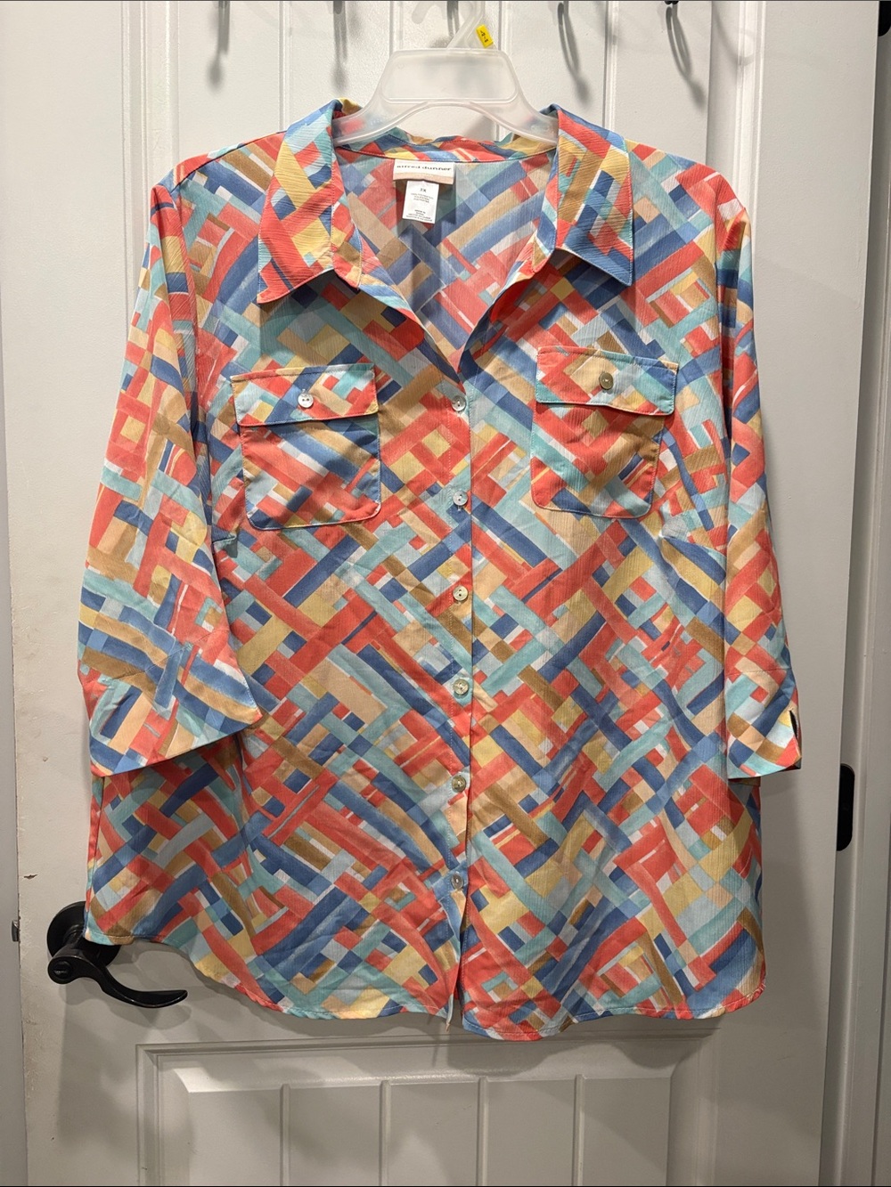 Alfred Dunner Coral, Blue & Yellow Geometric Button-Down Shirt 2X